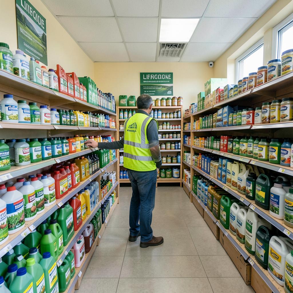 Pesticide distributor checking stock in a store