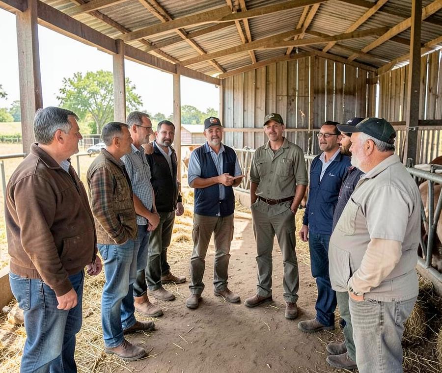 Team LM trainer with a group of farmers in a livestock shed